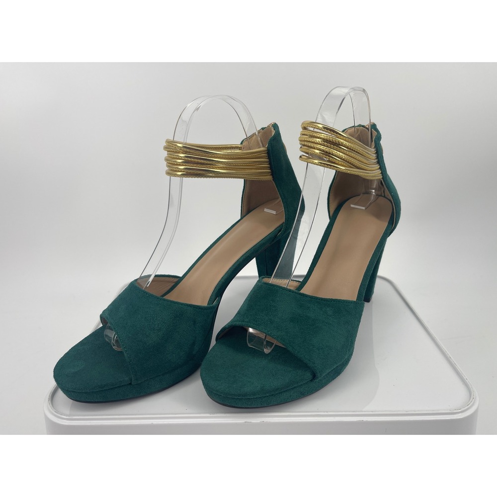 Green Faux Suede Platform Sandals Gold Ankle Cuff Block Heel Women Size 40 9